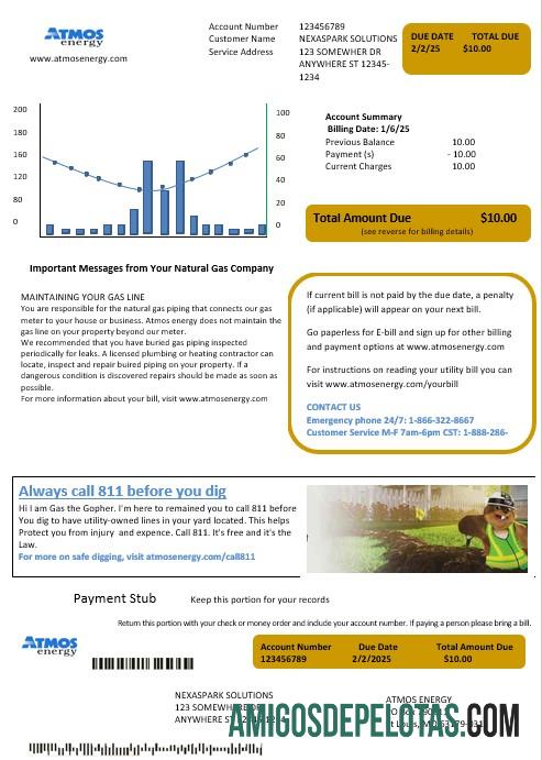 realista Modelo de fatura de serviços públicos de energia USA Virginia Atmos Energy em formatos Word e PDF
